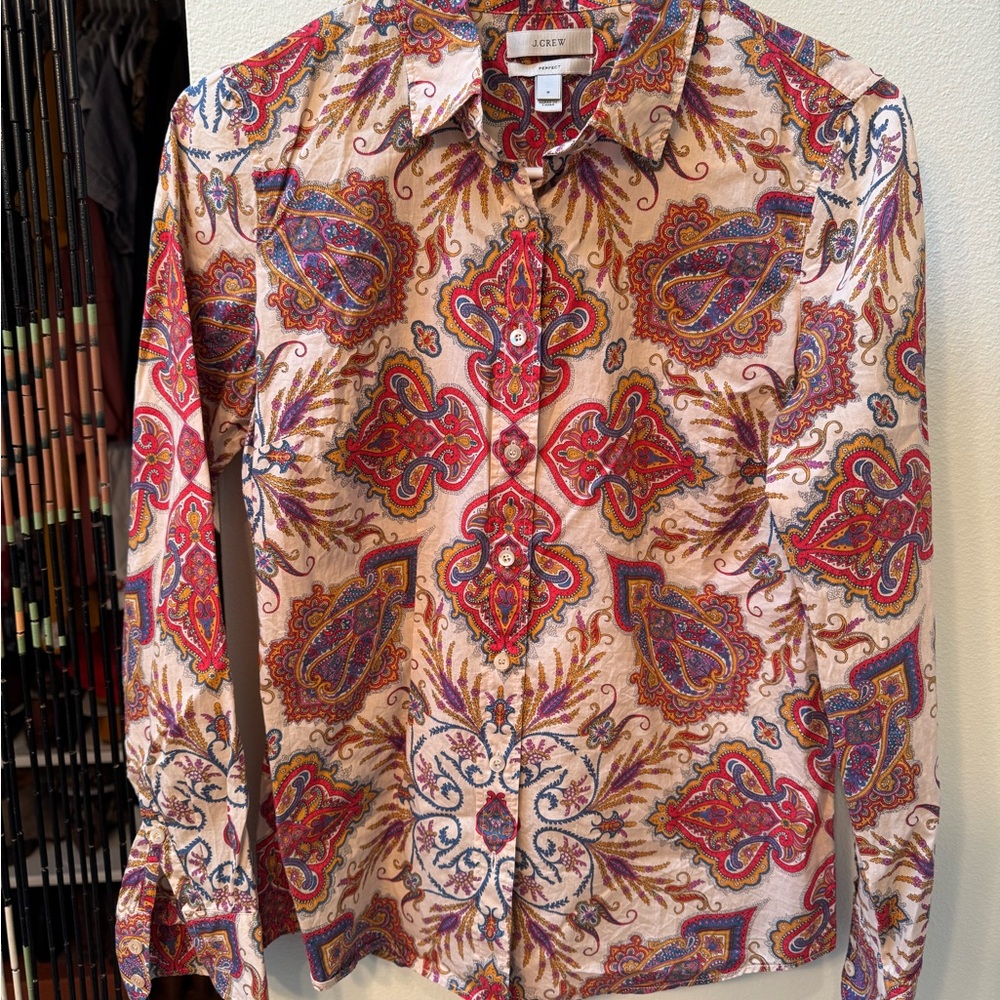 J. Crew Red Long Sleeve Button Down Shirt with Notched Collar